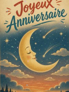Carte anniversaire femme animée : croissant de lune rêveur