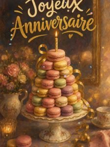 Carte anniversaire femme animée : pyramide de macarons pastel