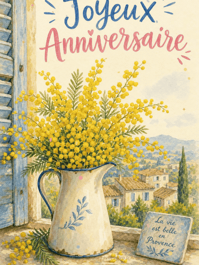GIF animé : Carte anniversaire femme animée : brins de mimosa de Provence