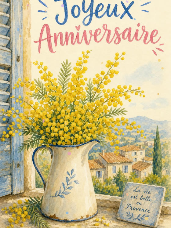 Image JPG : Carte anniversaire femme animée : brins de mimosa de Provence