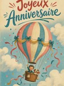 Carte anniversaire femme animée : montgolfière pastel dans les nuages