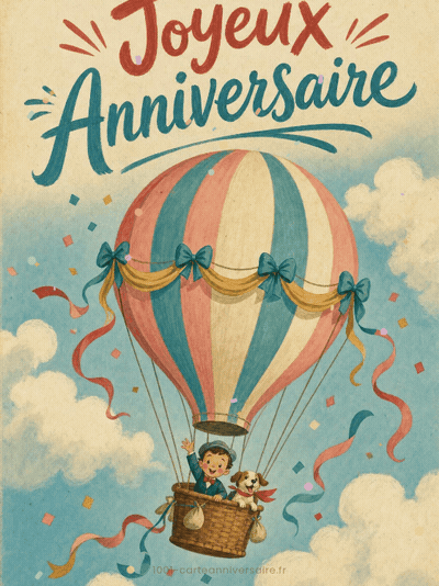 GIF animé : Carte anniversaire femme animée : montgolfière pastel dans les nuages