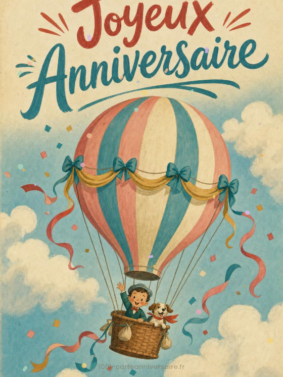 Image JPG : Carte anniversaire femme animée : montgolfière pastel dans les nuages