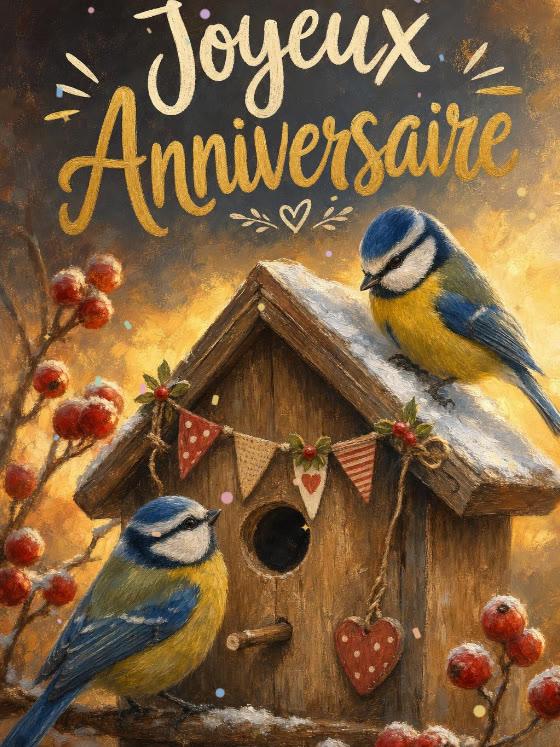 Image JPG : Carte anniversaire femme animée : mésanges au jardin d'hiver