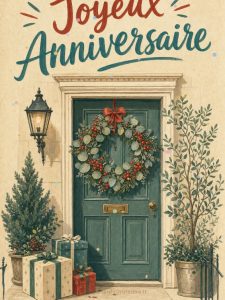 Carte anniversaire femme animée : couronne de Noël à la porte