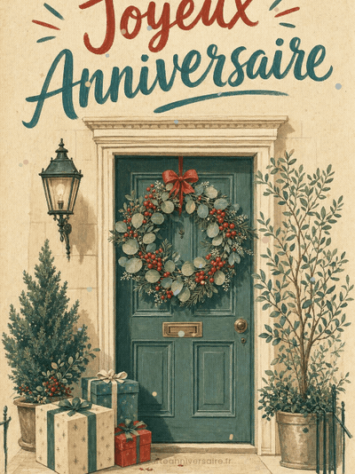 Carte anniversaire femme animée : couronne de Noël à la porte