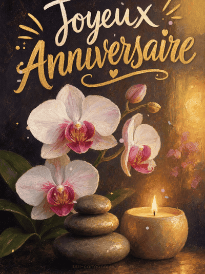 GIF animé : Carte anniversaire femme animée : l'orchidée zen et ses galets