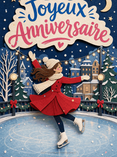 Carte anniversaire femme animée : valse sur la patinoire illuminée