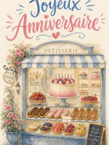 Carte anniversaire femme animée : vitrine gourmande de la pâtisserie