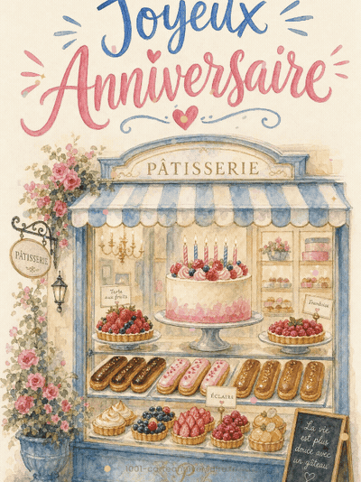 GIF animé : Carte anniversaire femme animée : vitrine gourmande de la pâtisserie