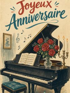 Carte anniversaire femme animée : le piano romantique et ses roses