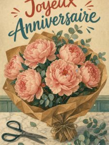 Carte anniversaire femme animée : brassée de pivoines du matin