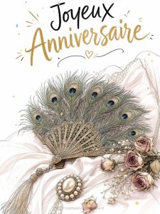 Carte anniversaire femme animée : éventail précieux aux plumes de paon