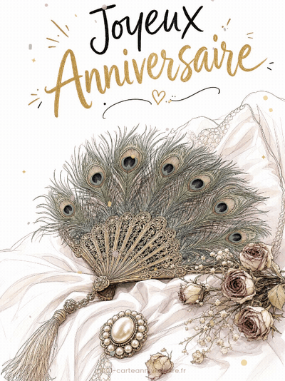 Carte anniversaire femme animée : éventail précieux aux plumes de paon