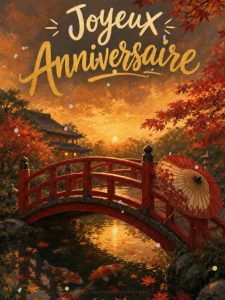 Carte anniversaire femme animée : pont japonais sur l'étang aux carpes