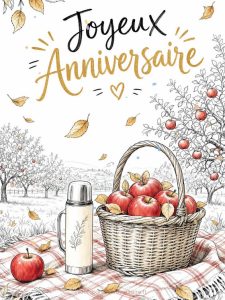 Carte anniversaire femme animée : récolte de pommes du verger