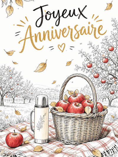 Carte anniversaire femme animée : récolte de pommes du verger