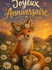 Carte anniversaire femme animée : la renarde à la couronne de fleurs