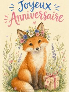 Carte anniversaire femme animée : renarde couronnée de fleurs