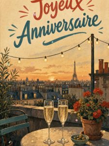 Carte anniversaire femme animée : toast pétillant sur les toits
