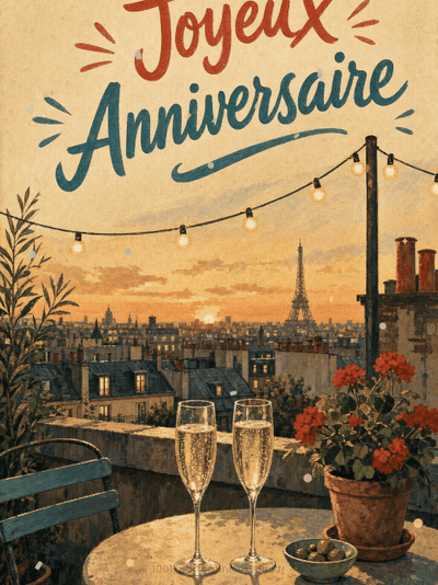 GIF animé : Carte anniversaire femme animée : toast pétillant sur les toits