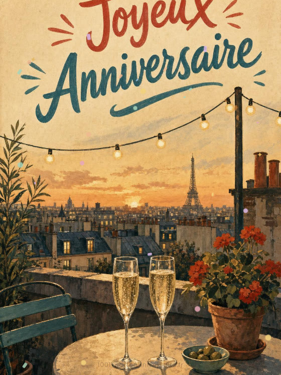 Image JPG : Carte anniversaire femme animée : toast pétillant sur les toits