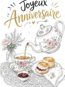 Carte anniversaire femme animée : la théière fleurie de l'après-midi