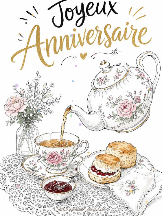 Image JPG : Carte anniversaire femme animée : la théière fleurie de l'après-midi