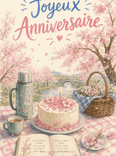 Carte anniversaire femme animée : pique-nique sous les cerisiers