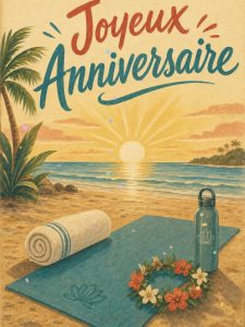 Carte anniversaire femme animée : salutation au soleil sur la plage