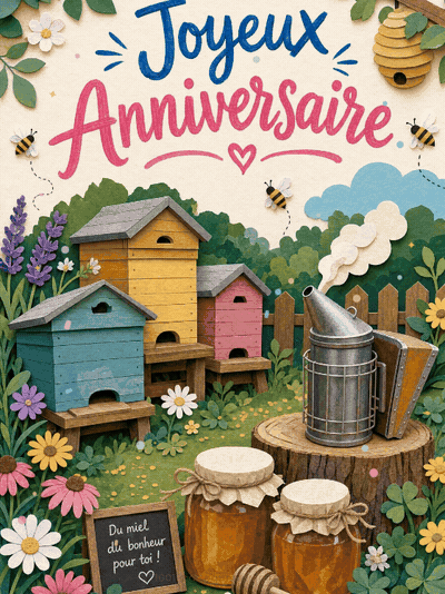 GIF animé : Carte anniversaire homme animée : récolte de miel au rucher