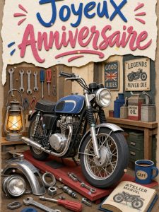 Carte anniversaire homme animée : restauration d'une moto de légende