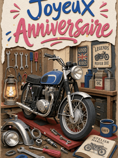 GIF animé : Carte anniversaire homme animée : restauration d'une moto de légende