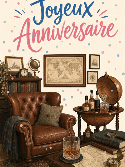 Carte anniversaire homme animée : bibliothèque au fauteuil de cuir