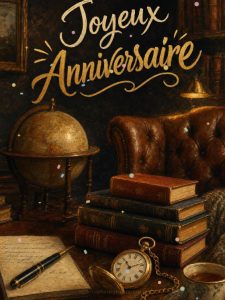 Carte anniversaire homme animée : bibliothèque, globe et vieux cuir