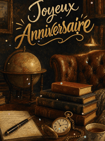 Carte anniversaire homme animée : bibliothèque, globe et vieux cuir