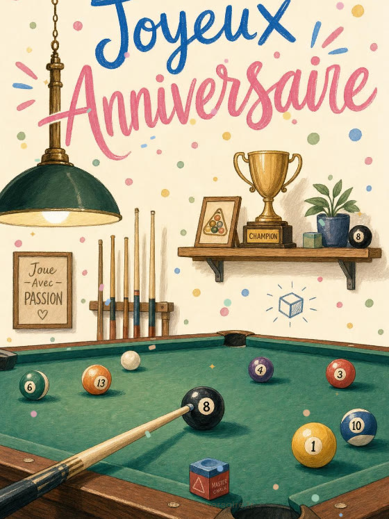 Image JPG : Carte anniversaire homme animée : carambolage gagnant au billard