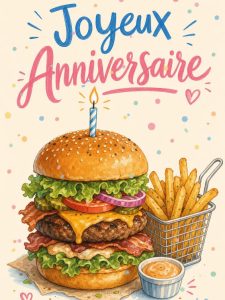 Carte anniversaire homme animée : le burger gourmet et ses frites