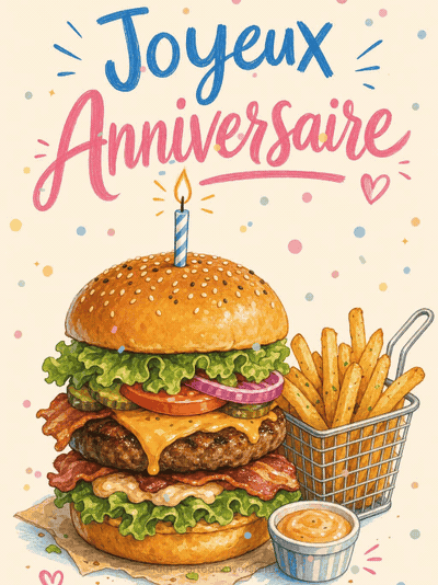 Carte anniversaire homme animée : le burger gourmet et ses frites
