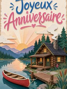 Carte anniversaire homme animée : cabane en rondins au bord du lac