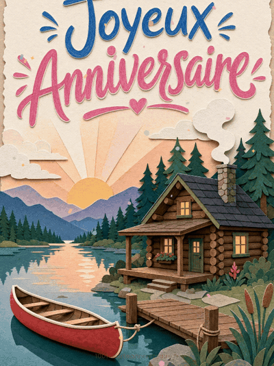 Carte anniversaire homme animée : cabane en rondins au bord du lac