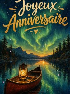 Carte anniversaire homme animée : canoë sous les aurores boréales