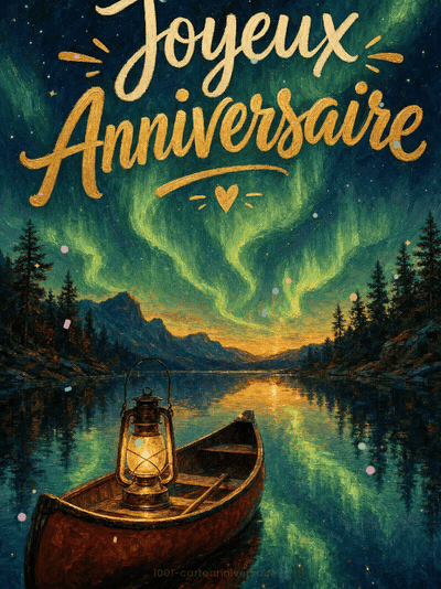 GIF animé : Carte anniversaire homme animée : canoë sous les aurores boréales