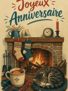 Carte anniversaire homme animée : feu de cheminée et plaid douillet