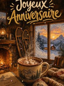 Carte anniversaire homme animée : chocolat chaud au refuge enneigé