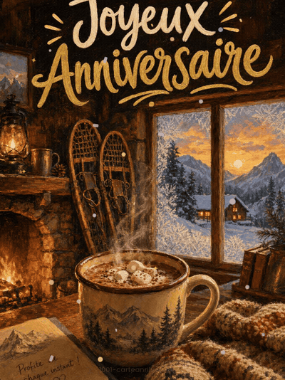 Carte anniversaire homme animée : chocolat chaud au refuge enneigé
