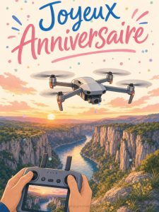 Carte anniversaire homme animée : vol de drone au-dessus des gorges