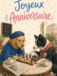 Carte anniversaire homme animée : partie d'échecs au café ancien