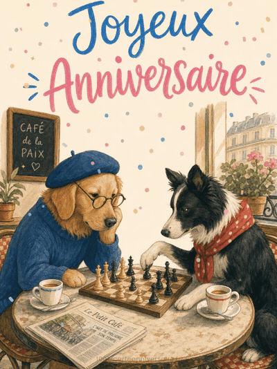Carte anniversaire homme animée : partie d'échecs au café ancien