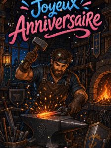 Carte anniversaire homme animée : forge ardente et étincelles